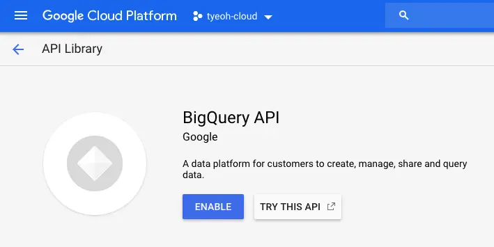 If you see this, BigQuery API is not enabled on your project yet. Click on ENABLE to enable it.
