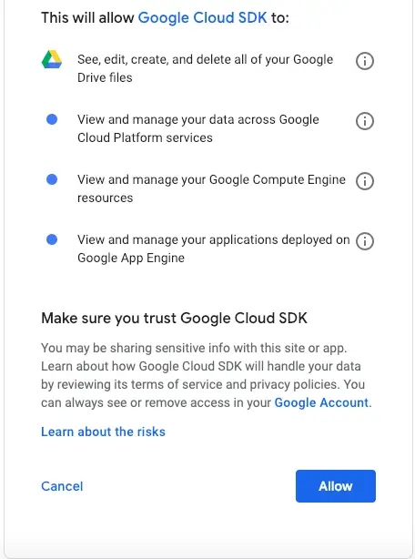 Check the permissions that will be granted to the Google Cloud SDK.